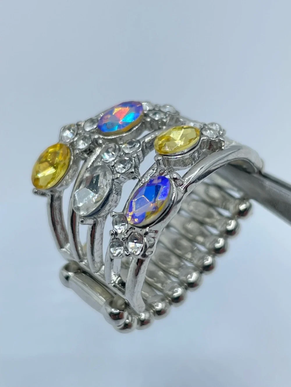 Silver Tone Multicolor Crystal Stretch Ring AB Yellow White Statement